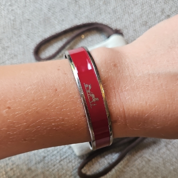 Hermes Silver Red Logo Bangle Bracelet W/Dustbag - Picture 2 of 6